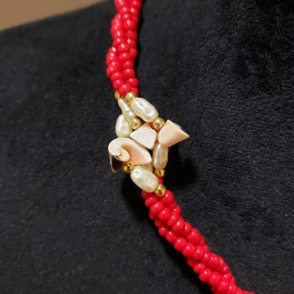 Womens Red Coral and Sea Turtles Statement Multi Strand Necklace w/ Berral Clasp - Picture 5 of 6